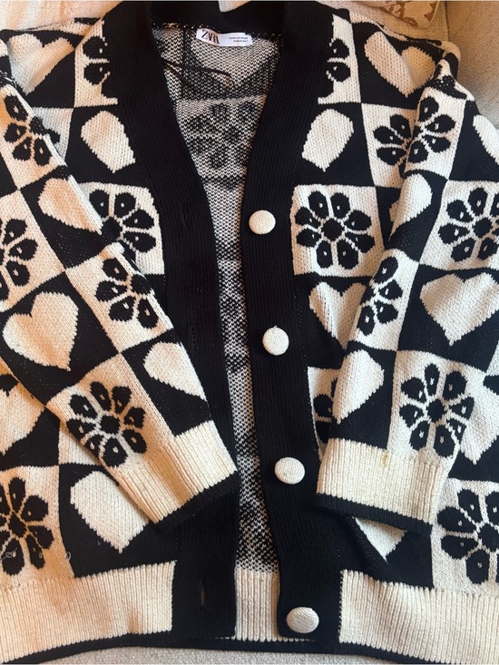 Zara Sweaters - Zara Black and Cream Heart & Floral Check Cardigan Size M